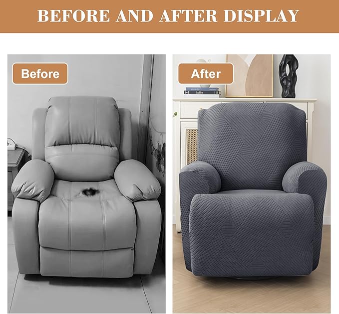 Jin Le Newest Recliner Chair Covers 4 Pieces Lazy Boy Recliner Covers for Recliner Chair Jacquard Reclining Chair Cover Stay in Place with 2 Pockets-Dark Gray