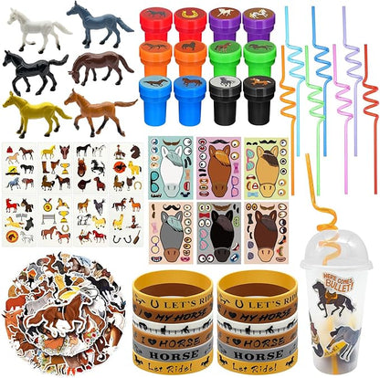 122 Pcs Horse Party Favors, Farmhouse Pony Party Supplies with Cup Straw Tattoo Sticker Goodie Bags Fillers Treat Bag Gifts Classroom Rewards for Cowboy Pinatas Western Horses Birthday Party(Horse)