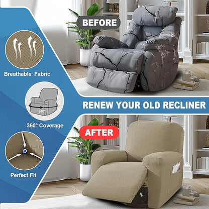 JIVINER 3 Piece Recliner Chair Cover Stretch Lazy Boy Non Slip Covers for Recliner with Pockets Soft Jacquard Reclining Sofa Slipcovers Furniture Protector with Elastic Bottom (1 Seater, Khaki)