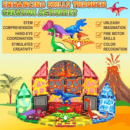Coodoo Dinosaur Toys Magnetic Tiles Lava Dinosaur World Set - Magnetic Blocks Building for Kids 3-5 5-7 Girls Boys Toy Age 4-6 6-8, Classroom Must Haves Toddler Sensory for 3+ Year Old Kids Toys