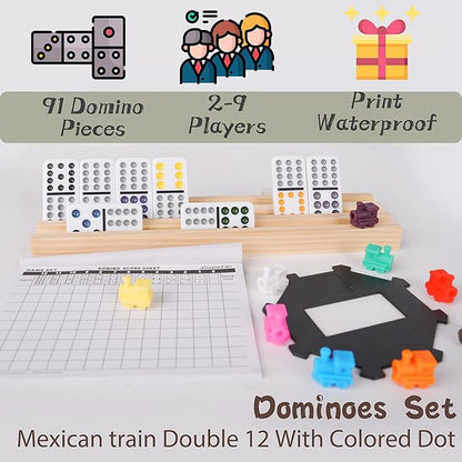 Smilejoy Mexican Train Dominoes Set with Colorful Dot- Double 12 Dominos Set for Adults-Classical Board Game for Elderly, 4 Wooden Rack,91 Tiles, 9 Plastic Trains, Octagon Hub (2-8 Player)