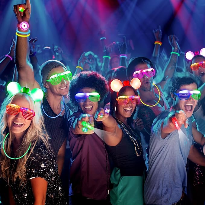 Mocoosy 103Pcs Glow in the Dark Party Supplies, Light Up Party Favors for Kids LED Neon Toys Bulk Party Pack With Glow Sticks,Led Glasses,Light Up Bracelets,Finger Lights,Jelly Rings and Headbands