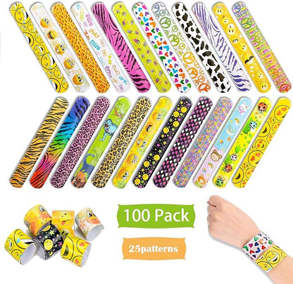 100 Pack Slap Bracelets | Slap Bands Birthday Party Supplies Favors with Hearts & Animal Print | One Size Fits All | For Kids, Boys, And Girls