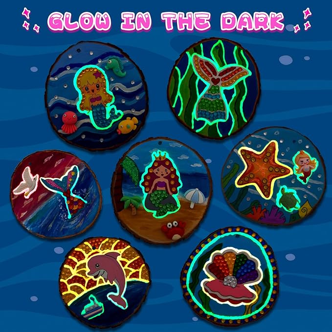 klmars Mermaid Themed Wooden Painting Kit-Glow in The Dark-Arts & Crafts Gifts for Kids Girls Ages 6-12-Wood Slice Craft Activities Kits -Mermaid Art Toys for Kids Christmas Gifts