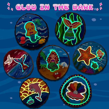 klmars Mermaid Themed Wooden Painting Kit-Glow in The Dark-Arts & Crafts Gifts for Kids Girls Ages 6-12-Wood Slice Craft Activities Kits -Mermaid Art Toys for Kids Christmas Gifts