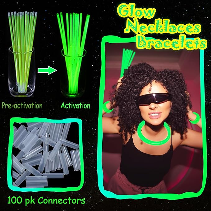 100 pk 8" Glow Sticks Bulk Party Favors, Light up Glow Necklaces & Bracelets in the Dark Party Supplies For Christmas Halloween St. Patrick Birthday Neon Party (100 * Green)
