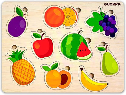 QUOKKA Wooden Puzzles for Toddlers 1-2 – 4 Set Pegged Puzzles for Kids Ages 1-2 – Fruits Learning Toy for Kids – Gift Realistic Educational Game for Boy and Girl