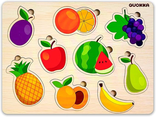 QUOKKA Wooden Puzzles for Toddlers 1-2 – 4 Set Pegged Puzzles for Kids Ages 1-2 – Fruits Learning Toy for Kids – Gift Realistic Educational Game for Boy and Girl