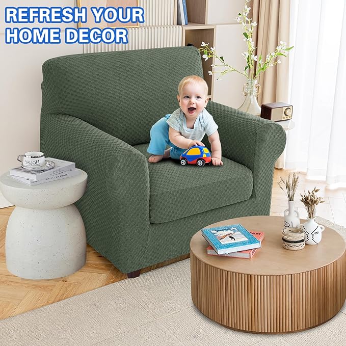MAXIJIN 2 Piece Jacquard Chair Covers with Arms Super Stretch Non Slip Chair Slipcover for Living Room Dogs Pet Friendly Elastic Sofa Couch Protector Armchair Cover (Chair, Army Green)