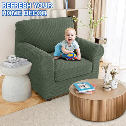 MAXIJIN 2 Piece Jacquard Chair Covers with Arms Super Stretch Non Slip Chair Slipcover for Living Room Dogs Pet Friendly Elastic Sofa Couch Protector Armchair Cover (Chair, Army Green)