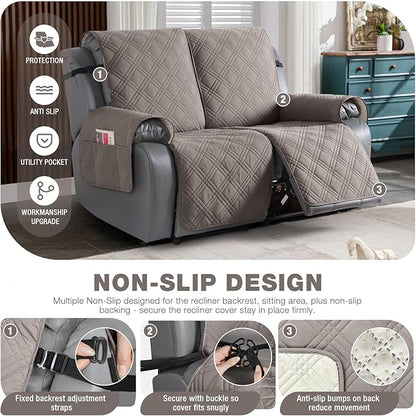 TAOCOCO 100% Waterproof Loveseat Recliner Cover, Non Slip Split Recliner Couch Cover with Elastic Straps, Washable Reclining Sofa Cover Furniture Protector for Kids, Dogs, Pets(2 Seater, Light Brown)