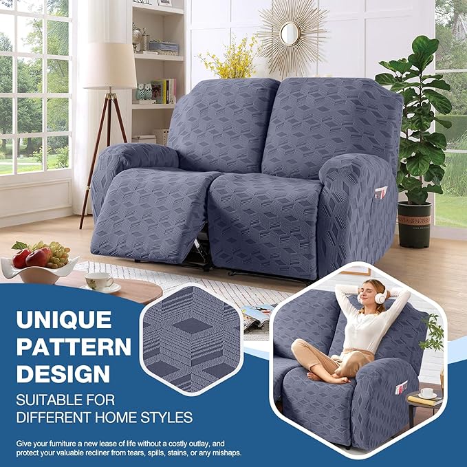 TAOCOCO Recliner Loveseat Cover, Stretch Jacquard Reclining Loveseat Cover Furniture Protector Sofa Slipcovers 2 Seat Recliner Covers with Elastic Bottom for Kids, Pets (Grey)
