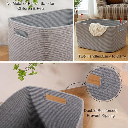 OIAHOMY 118L XXXLarge Cotton Rope Storage Basket, Oversized Blanket Basket, Used for Organizing Dirty Clothes in Living Room, Bedroom, Nursery, Dog Toy Storage Bins, 25" x 17" x 16",Grey
