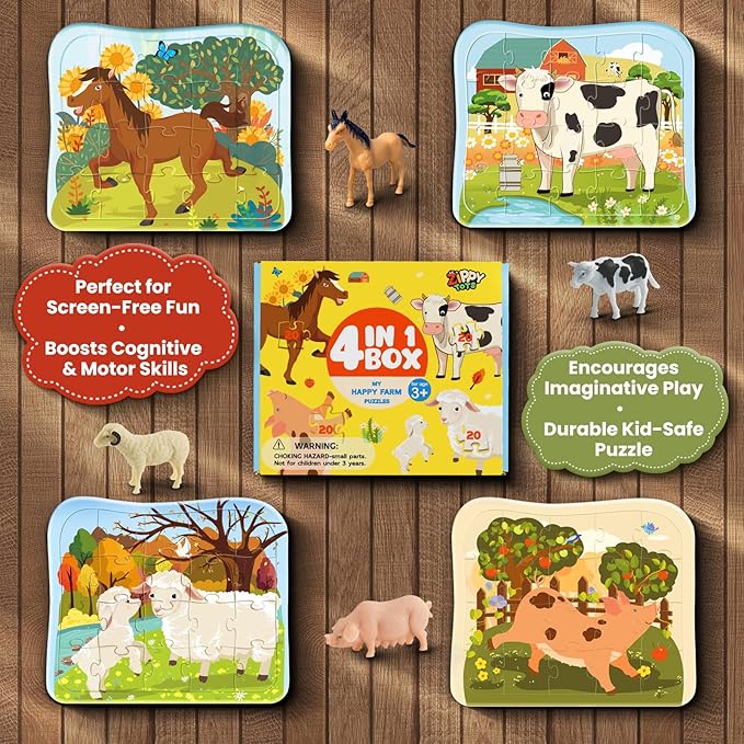 Wooden Farm Animal Puzzles for Kids Ages 4-6, 4 in 1 Gift Box 4-Pack 20-Piece Jigsaw Puzzles Come with 4 Small Animal Figures,Preschool Educational Toys Gifts for Kids Boys Girls Ages 3+