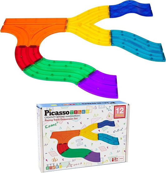 PicassoTiles 12 Piece Race Track Add-On Magnetic Building Block Set Magnet Tiles Construction Toy STEM Learning Kit Early Education Kids Toys Playset Pretend Play Blocks Child Brain Development PTR12