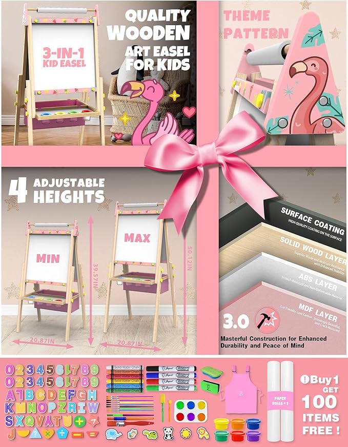 Joyooss Art Easel for Kids Easel for Toddlers, Adjustable Standing Wooden Toddler Easels Kids Board Whiteboard & Chalk Board Kids Dry Erase Board, Art Easel for Kids Easel for Kids