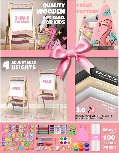 Joyooss Art Easel for Kids Easel for Toddlers, Adjustable Standing Wooden Toddler Easels Kids Board Whiteboard & Chalk Board Kids Dry Erase Board, Art Easel for Kids Easel for Kids