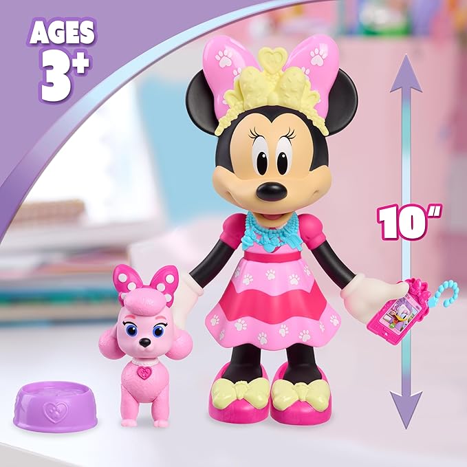 Disney Jr. Minnie Mouse Pet Fun Doll – 10-Inch Poseable Minnie Doll with Lights & Sounds, Accessories, Pink Poodle Toy, Kids Gift for Ages 3 and Up by Just Play, Kids Toys for Ages 3 Up by Just Play