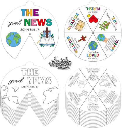 COcnny Religious Christian Craft Activities - 24 Sets John 3:16 Coloring Crafts for Kids, Color Your Own Bible Wheel Cards, DIY Jesus Biblical The Good News Art Paper Game for Sunday School Class Home