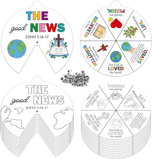 COcnny Religious Christian Craft Activities - 24 Sets John 3:16 Coloring Crafts for Kids, Color Your Own Bible Wheel Cards, DIY Jesus Biblical The Good News Art Paper Game for Sunday School Class Home