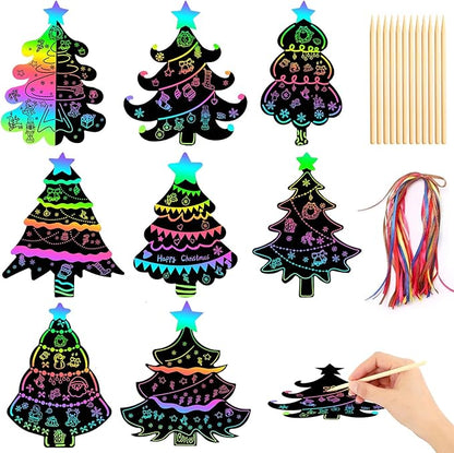 FEBSNOW 48 PCS Christmas Crafts for Kids, Magic Rainbow Christmas Scratch Art Paper Cards Christmas Tree Hanging Ornaments Christmas Gifts for Party Favors Games