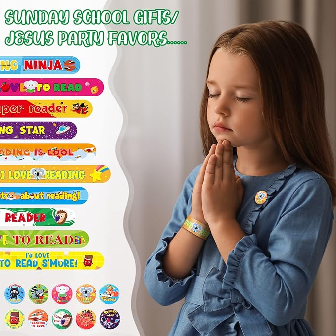Frienda 60 Pcs Love to Read Slap Bracelets with Button Pins Reading Bracelets Badges for Classroom Teacher Rewards Prize Sunday School Party Gifts