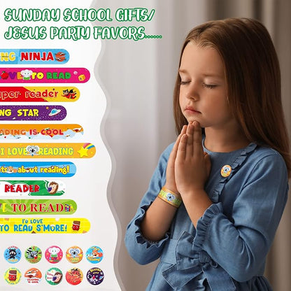 Frienda 60 Pcs Love to Read Slap Bracelets with Button Pins Reading Bracelets Badges for Classroom Teacher Rewards Prize Sunday School Party Gifts