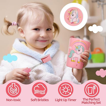 Lily's Home Kids Flashing Timer Toothbrush Kids with Soft Bristles, Rising Cup & Cover - Fun 2-Min Light-Up Brushing for Children - Toddler Toothbrush Soft Toothbrush Kit (Unicorn)