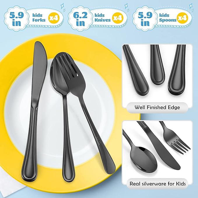 12-Piece Black Kids Silverware, E-far Stainless Steel Toddler Kids Utensils Safe for Preschooler/Children, Includes 4 Forks 4 Spoons 4 Knife, Slimline Look & Small Size, Healthy & Rust Free