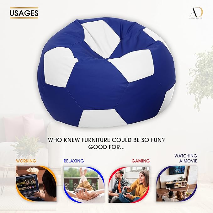 Ample Decor Soccer Bean Bag Cover (Filler Not Included), Leatherette Durable Double Stitched Material Sturdy Zippers, Ideal for Children and Teenagers - White and Blue