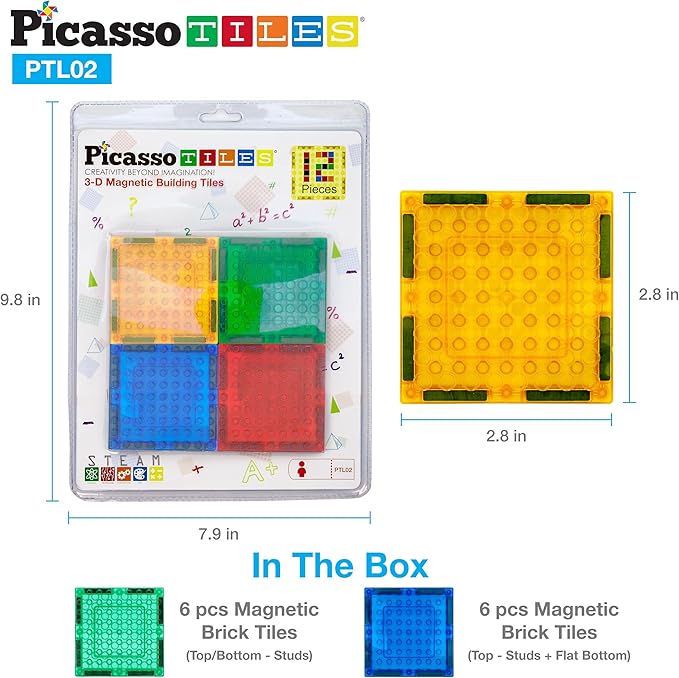 PicassoTiles Magnetic Brick Tiles STEM Creative Magnetic Tiles Building Block Set Building Brick Construction Toy Socket Spikes Toys Accessory Educational Imaginative Learning Kit Stacking Set