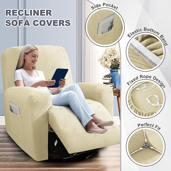 JIVINER Loveseat Recliner Covers, Jacquard 4 Piece Recliner Sofa Cover with Pockets Washable Lazy Boy Reclining Couch Protector with Elastic Bottom (Recliner Loveseat, Beige)