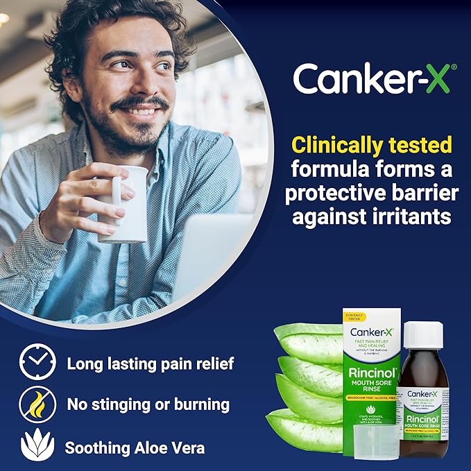 Canker-X Rincinol Oral Rinse Mouthwash, Quick Pain Relief from Canker Sores, Mouth Burns & More, Benzocaine Free & Alcohol Free Mouthwash, Adults & Kids 6+ Years, 4.0 Fl. Oz.