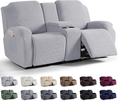 KinCam Loveseat Recliner Covers with Middle Console Slipcover, Recliner Sofa Covers 2 Seat Couch Cover Stripe Jacquard Furniture Protector Covers with Elastic Bottom for Kids, Pets (Silver Gray)