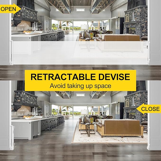 175 Inch Retractable Baby Gates Extra Wide 33" Tall Child Gates for Wide Openings, Large Pet Gates for Dogs Extra Wide Toddler Gates for Large Openings Extra Long Dog Gate for Indoor Outdoor (White)