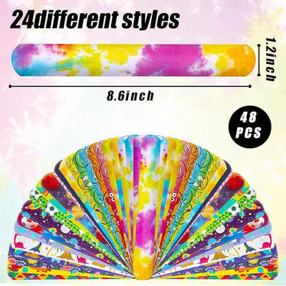 POPLAY 48PCS Kids Slap Bracelets, Slap Wristbands Bulk Tie Dye Bracelets Dinosaurs Mermaid Space Galaxy for Party Favors Classroom Prizes Exchanging Gifts