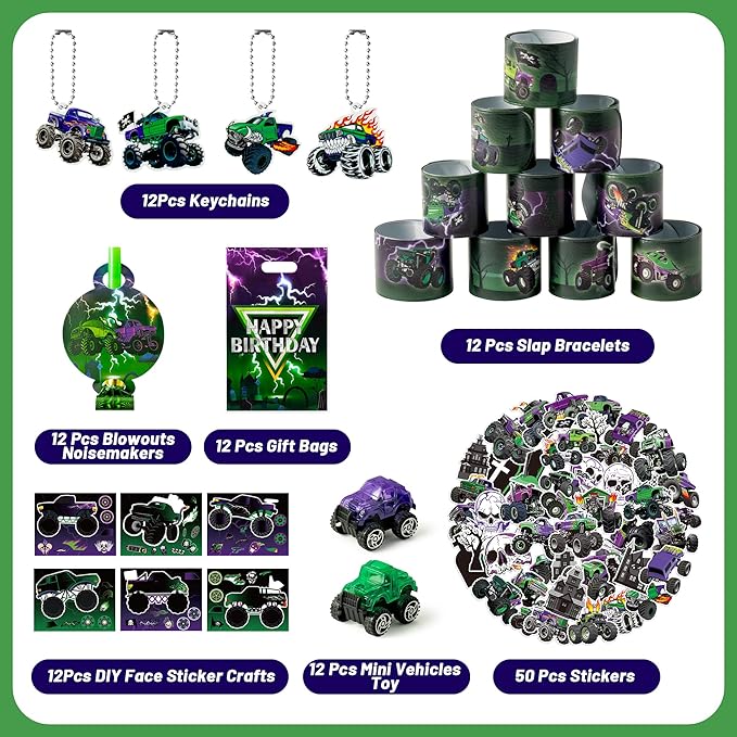 Haooryx Green Purple Monster Truck Party Favor - 122Pcs Monster Truck Slap Bracelets Sticker Blowouts Noisemakers Mini Vehicles Car Toy Keychain with Gift Bag for Kids Birthday Party Goodie Bag Supply