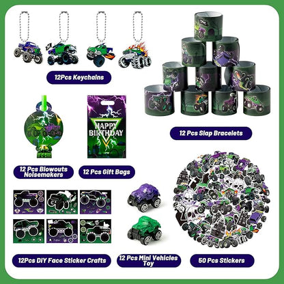 Haooryx Green Purple Monster Truck Party Favor - 122Pcs Monster Truck Slap Bracelets Sticker Blowouts Noisemakers Mini Vehicles Car Toy Keychain with Gift Bag for Kids Birthday Party Goodie Bag Supply
