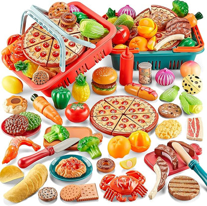Play Food Sets for Kids Kitchen-80PC Pretend Food with 2 Kids Picnic Basket, Toy Food with Pizza Toy, Plastic Food Cutting Toys, Play Kitchen Accessories - Fake Food, Boys Girls Toddlers Gifts