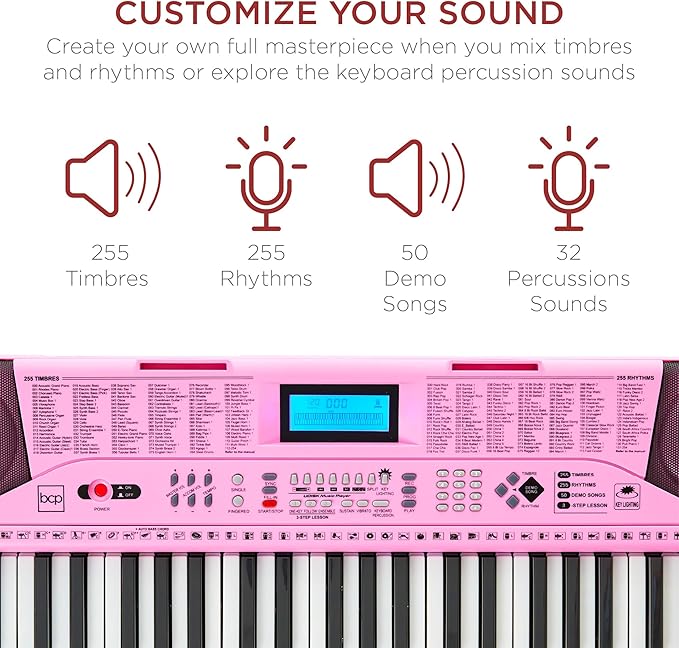 Best Choice Products 61-Key Beginners Complete Electronic Keyboard Piano Set w/Lighted Keys, LCD Screen, Headphones, Stand, Bench, Teaching Modes, Note Stickers, Built-In Speakers - Pink