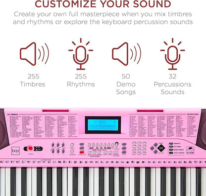 Best Choice Products 61-Key Beginners Complete Electronic Keyboard Piano Set w/Lighted Keys, LCD Screen, Headphones, Stand, Bench, Teaching Modes, Note Stickers, Built-In Speakers - Pink