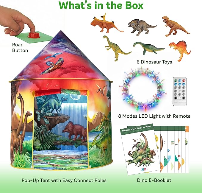 W&O Dinosaur Discovery Kids Tent with Roar Button, Dinosaur Toys and LED Lights - Epic Pop Up Tent for Boys & Girls - Perfect for Indoor & Outdoor Adventures