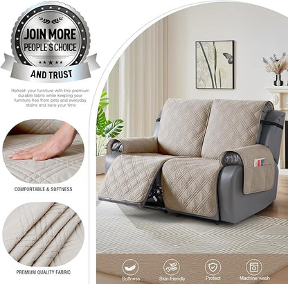 TAOCOCO 100% Waterproof Loveseat Recliner Cover, Non Slip Split Loveseat Covers for Reclining Loveseat with Elastic Straps, Washable Recliner Chair/Furniture Protector for Kids Pets(2 Seater, Cream)