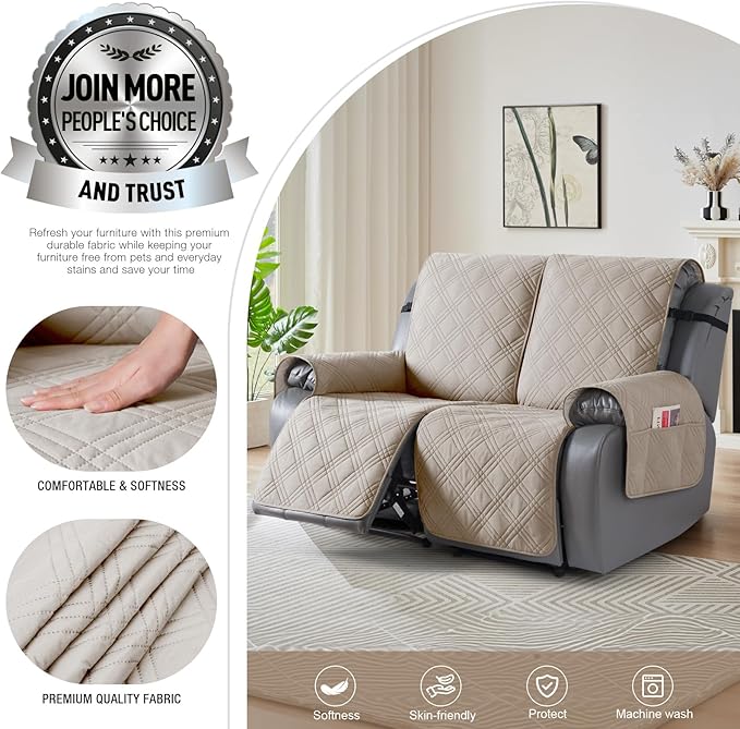 TAOCOCO 100% Waterproof Oversized Recliner Loveseat Cover, Non Slip Extra Wide Recliner Covers with Straps for Reclining Loveseat for Kids Pets, Spilt Cover(2 Seater Oversized, Cream)