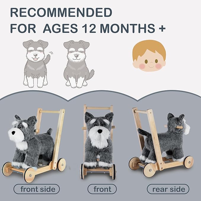Rock My Baby Wooden Baby Walker, 2-in-1 Baby Push Walker & Ride On Toy for Toddlers 12M+, Learning to Walk Toy with Sweet Music, Soft Cuddly Dog Toy for Boys Girls (Schnauzer Dog) CPC Certified