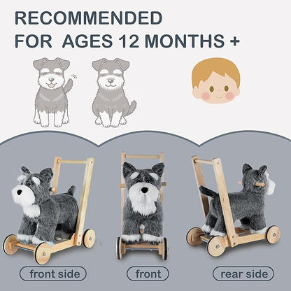 Rock My Baby Wooden Baby Walker, 2-in-1 Baby Push Walker & Ride On Toy for Toddlers 12M+, Learning to Walk Toy with Sweet Music, Soft Cuddly Dog Toy for Boys Girls (Schnauzer Dog) CPC Certified