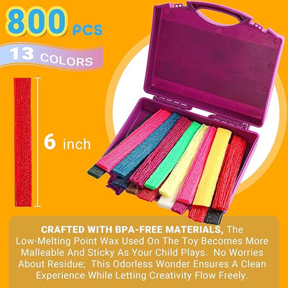 CALPALMY Wax Craft Sticks 800PCS - 13 Neon Colors of 6" Bendable Waxed Yarn Sticks Purple Travel Kit - DIY Craft Sticks for Kids' Road Trip, Partty and School Project Supplies