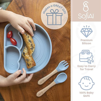 All In One Silicone Baby Feeding Set By SofiAl - Safe for 6-12 Months - Non-Toxic Baby Led Weaning Supplies - Toddler Self Feeding Utensils - BPA-Free - Mess Free Baby Feeding Essentials