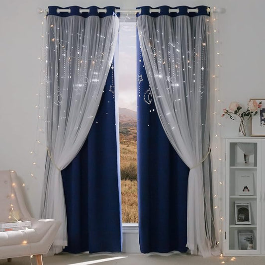 NICETOWN Navy Star Moon Blackout Curtains for Bedroom - Grommet Double Layer Thermal Insulated Room Darkening Printed Curtains for Living Room, Set of 2 Panels, 52 x 95 Inch