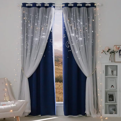 NICETOWN Navy Star Moon Blackout Curtains for Bedroom - Grommet Double Layer Thermal Insulated Room Darkening Printed Curtains for Living Room, Set of 2 Panels, 52 x 95 Inch